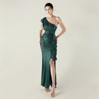 New single shoulder ruffle pendant bead chain handmade sequined evening dress, banquet party wedding