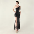New one-shoulder diagonal collar sequined dress, bead chain decoration, nightclub banquet wedding