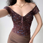Ruched Floral V Neck Slim Sexy Blouse