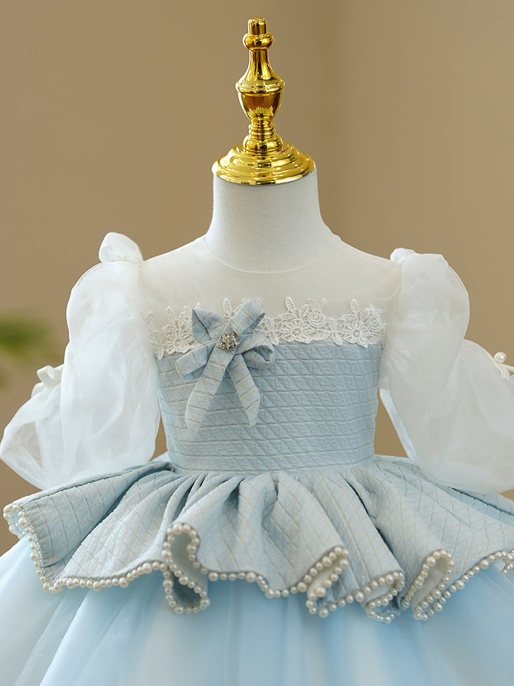 Kommunionkleid für Mädchen, Prinzessinnenkleid mit Puffärmeln, Perlenbesatz, flauschig, Geburtstagskleid 