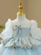 Kommunionkleid für Mädchen, Prinzessinnenkleid mit Puffärmeln, Perlenbesatz, flauschig, Geburtstagskleid 