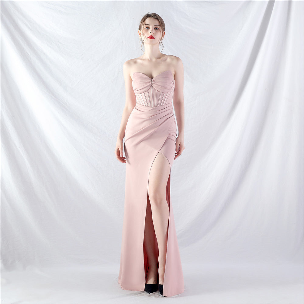 Heavy industry court fishbone vest waist high-end small vertical tail satin evening dress