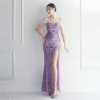 Positioning flower beads, hair binding process, sexy suspender dress, long style.