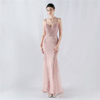 Heavy Industry Hot Drilled Fishbone Vest Lace Lace Bead High Fork Evening Dress