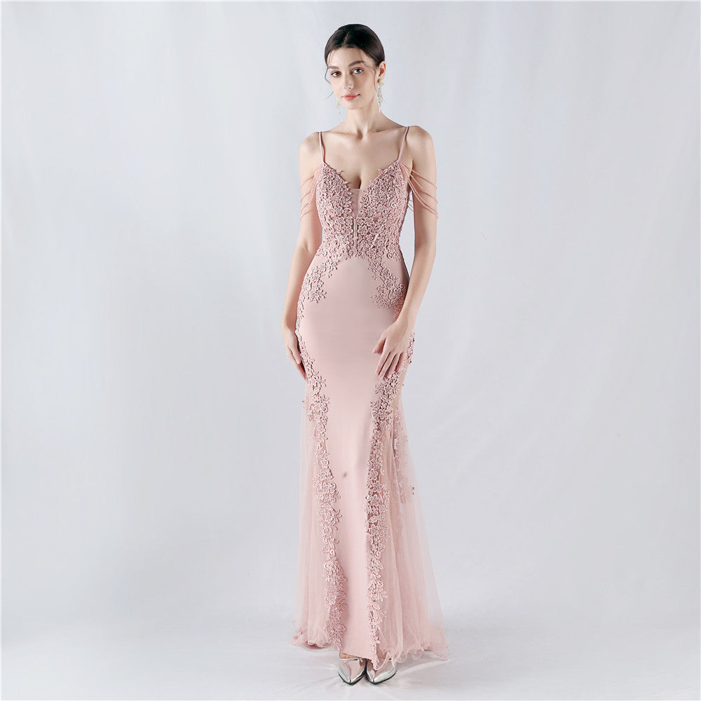 Heavy Industry Hot Drilled Fishbone Vest Lace Lace Bead High Fork Evening Dress