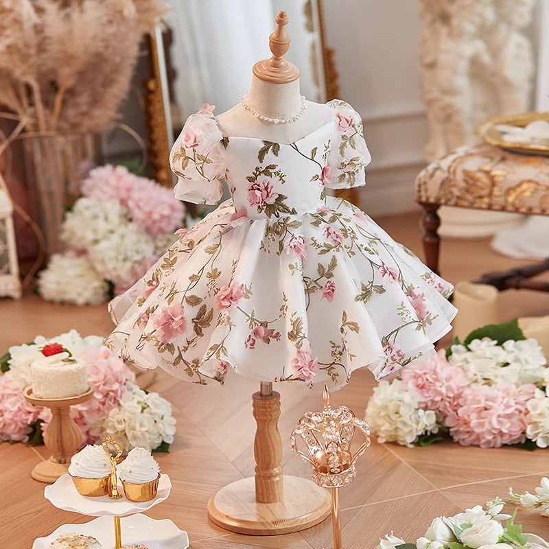 Elegante vestido de fiesta de cumpleaños floral con mangas abullonadas de malla para bebé, vestido de primera comunión para niña pequeña 