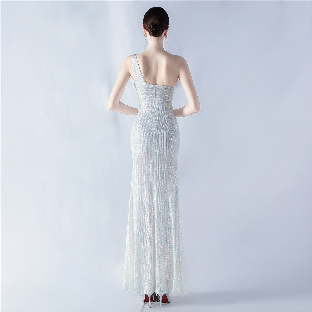 Heavy industry beaded hair single shoulder diagonal collar high fork sequined dinner dress
