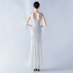 Heavy industry beaded hair single shoulder diagonal collar high fork sequined dinner dress