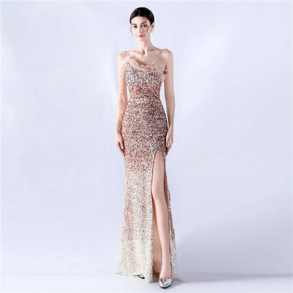 New extended ostrich hair beaded sequined single shoulder diagonal neck high fork evening dress