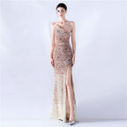 New extended ostrich hair beaded sequined single shoulder diagonal neck high fork evening dress