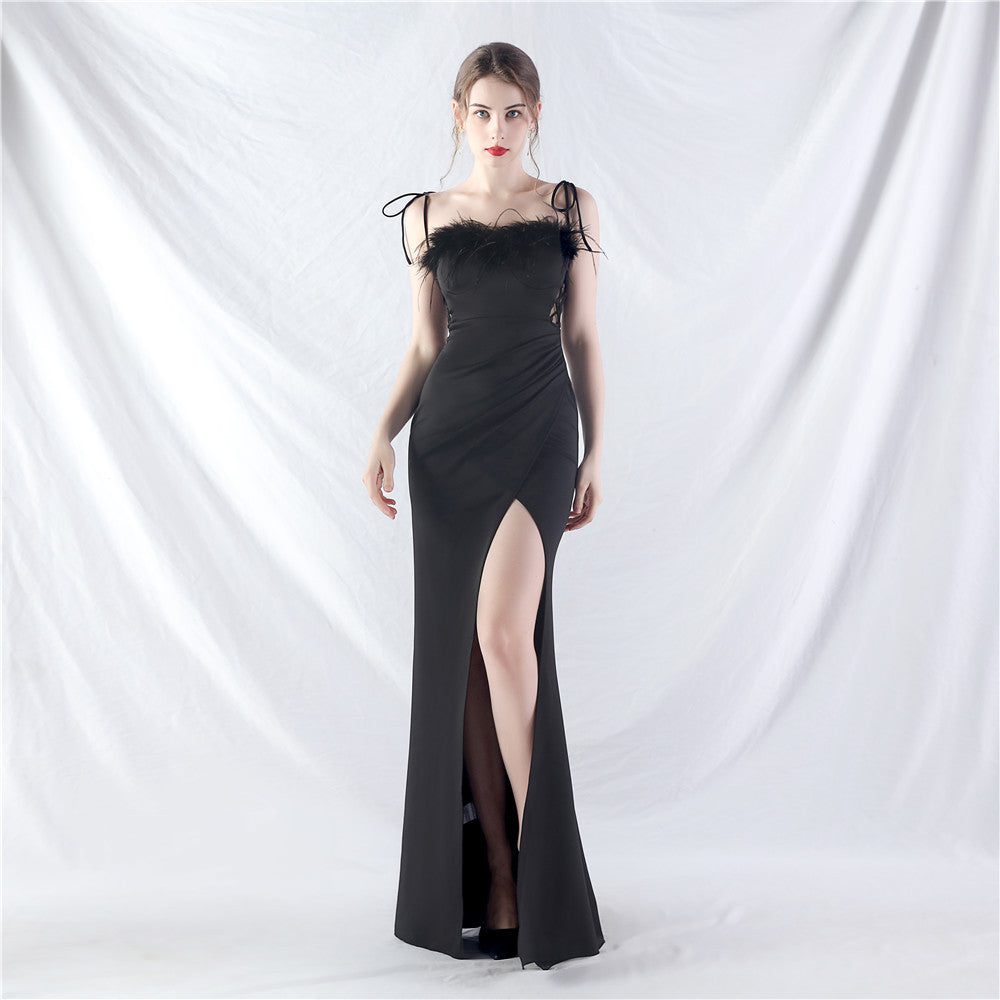 New double-tied waist-shaped ear-adjusted satin evening dress