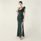 New single shoulder pleated ruffle edge pendant bead chain sequined evening dress, banquet wedding red carpet
