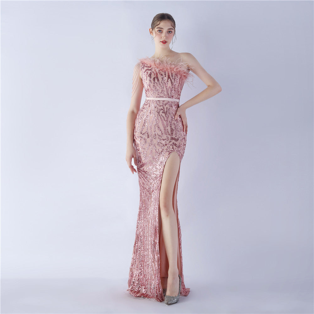 Dress new craft beaded ostrich hair oblique collar shoulder high-end evening dress