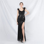 New evening dress craft beaded ostrich hair beads side split evening dress