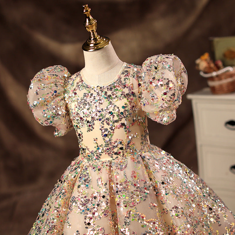 First Communion Dress Girl Pageant Princess Dress Dress Baby Girl Summer Gorgeous Puff Sleeve Sequin Formal Dress