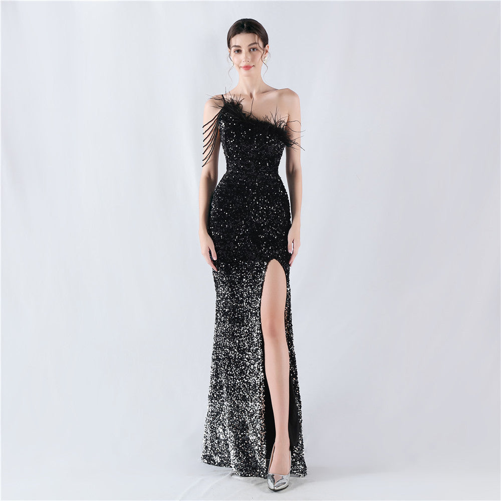 New extended ostrich hair beaded sequined single shoulder diagonal neck high fork evening dress