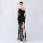 New extended ostrich hair beaded sequined single shoulder diagonal neck high fork evening dress