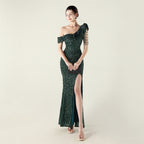 New single shoulder pleated ruffle edge pendant bead chain sequined evening dress, banquet wedding red carpet