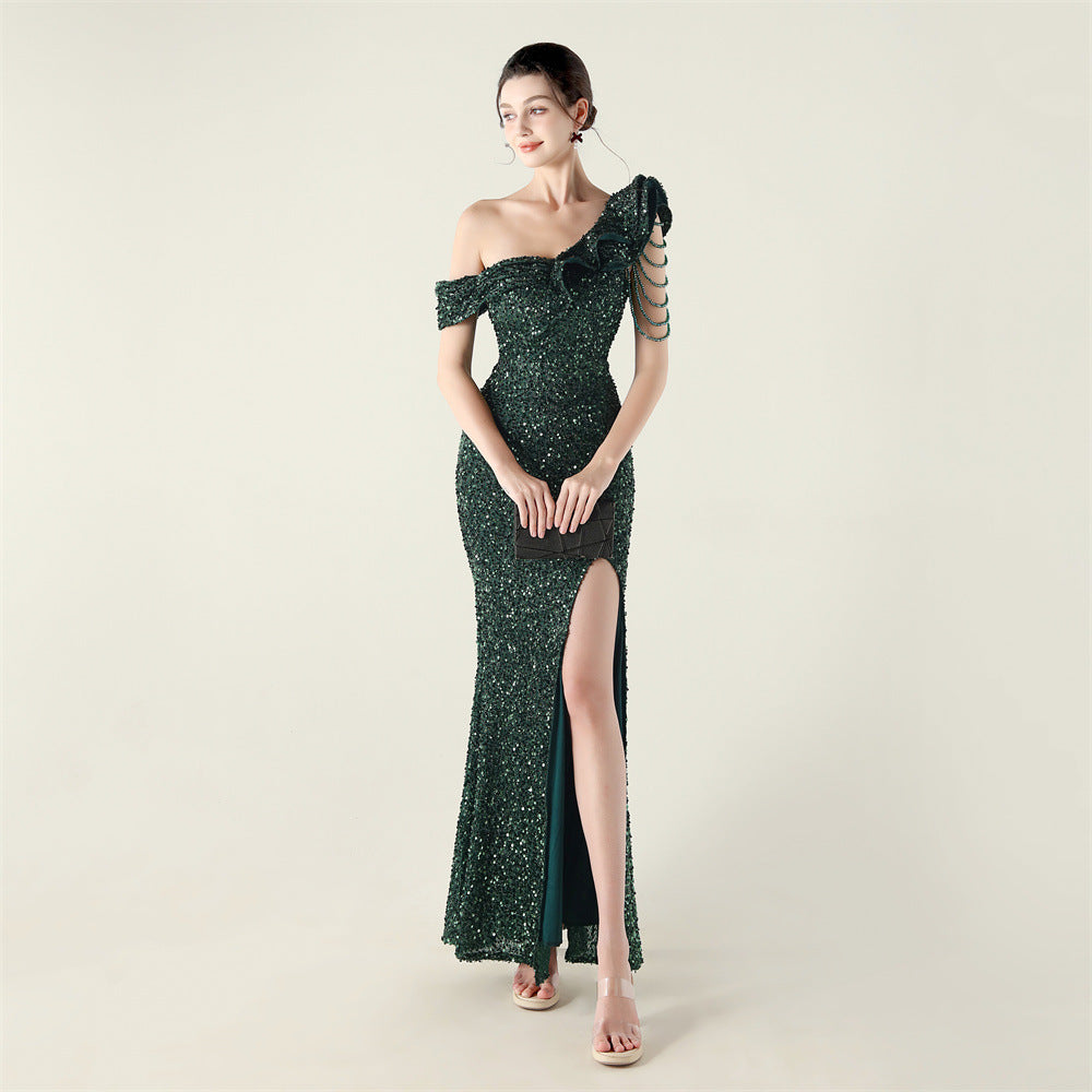 New single shoulder pleated ruffle edge pendant bead chain sequined evening dress, banquet wedding red carpet