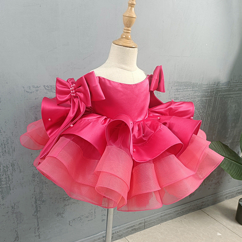Elegantes rosarotes Kleid mit Schleifenärmeln für kleine Mädchen, Kommunionskleid für Kleinkinder, Prinzessinnenkleid 