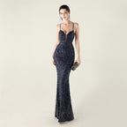 New Bead Embroidery Sequins Waist Strap Deep V Heart Suspender Evening Dress, Banquet Party