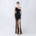 New extended ostrich hair beaded sequined single shoulder diagonal neck high fork evening dress