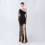 New extended ostrich hair beaded sequined single shoulder diagonal neck high fork evening dress