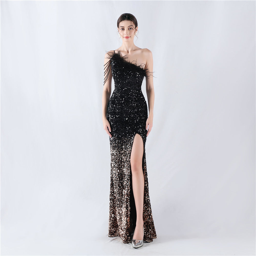 New extended ostrich hair beaded sequined single shoulder diagonal neck high fork evening dress