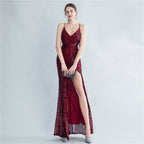 New high-density sequins bundled waist styling side split high-end evening dress