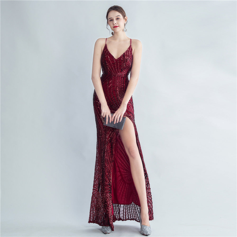 New high-density sequins bundled waist styling side split high-end evening dress