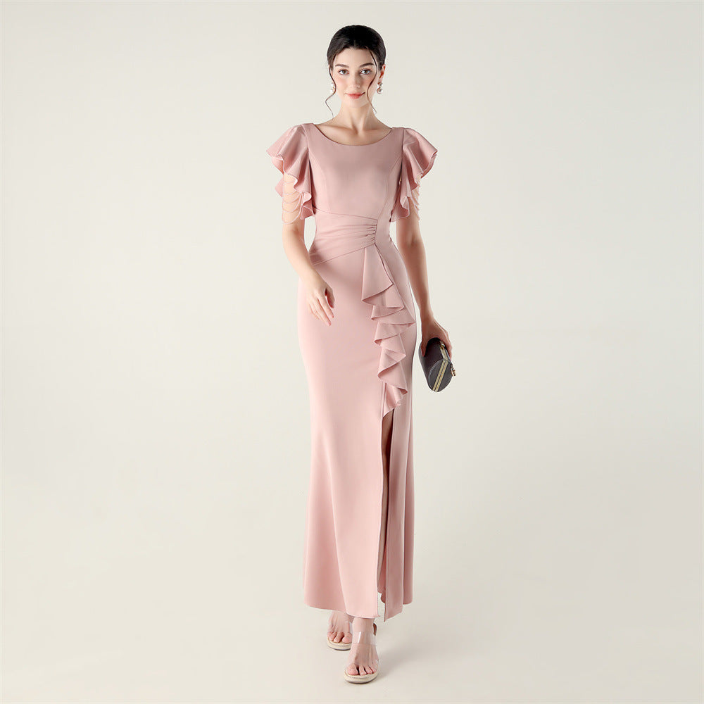 Heavy Industry Bead Tube Satin Evening Dress Deep V Lotus Leaf Pendant Bead Chain Bead Ordering Banquet Skirt