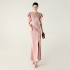 Heavy Industry Bead Tube Satin Evening Dress Deep V Lotus Leaf Pendant Bead Chain Bead Ordering Banquet Skirt