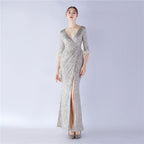 Craft ostrich sequin long-sleeved evening dress