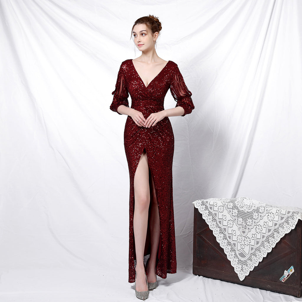 New banquet temperament elegant long medium sleeve sleeve sequined aura queen fishtail, evening dress