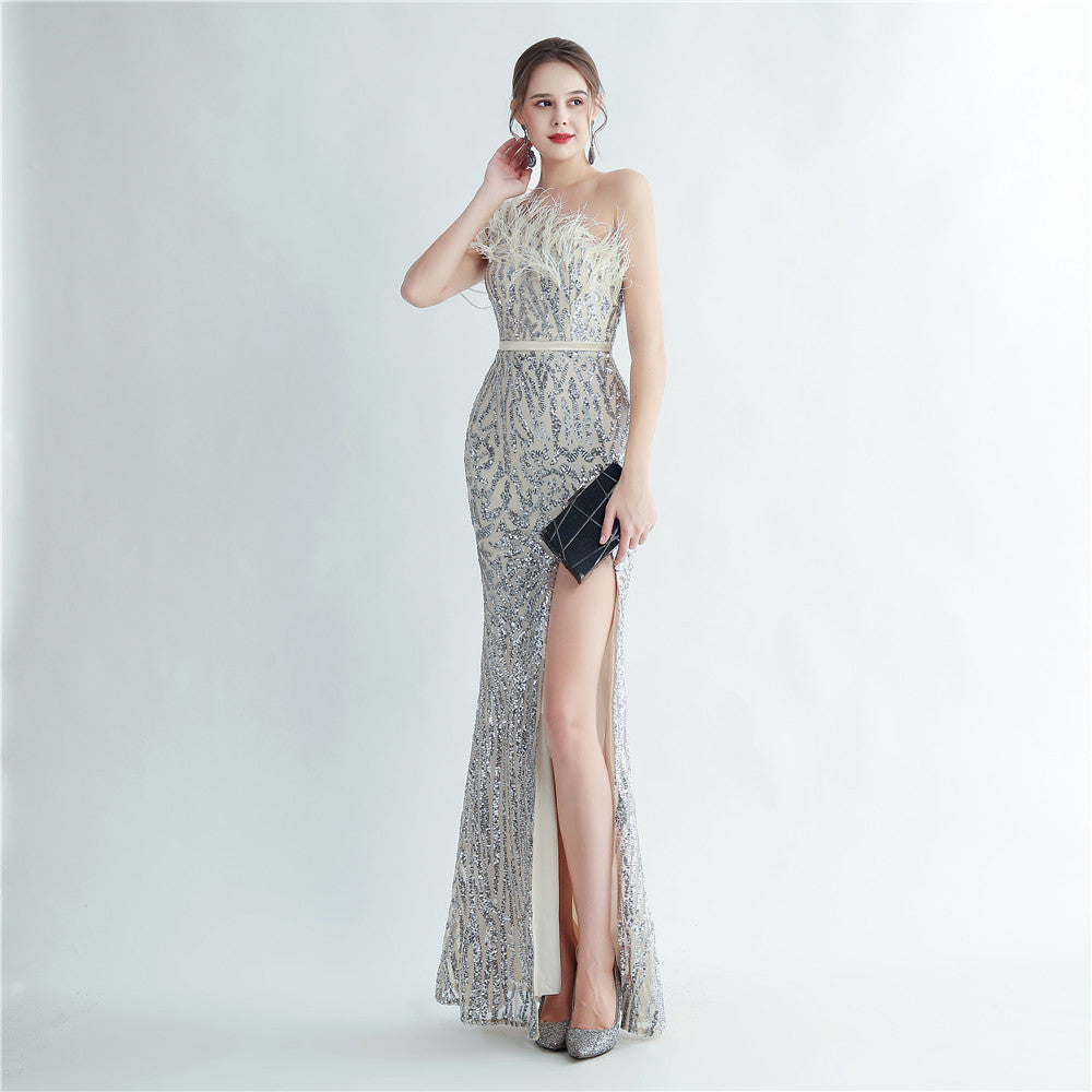 Heavy industry ostrich hair craft bead bundle hair slant shoulder side split high-end evening dress