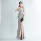 Heavy industry ostrich hair craft bead bundle hair slant shoulder side split high-end evening dress