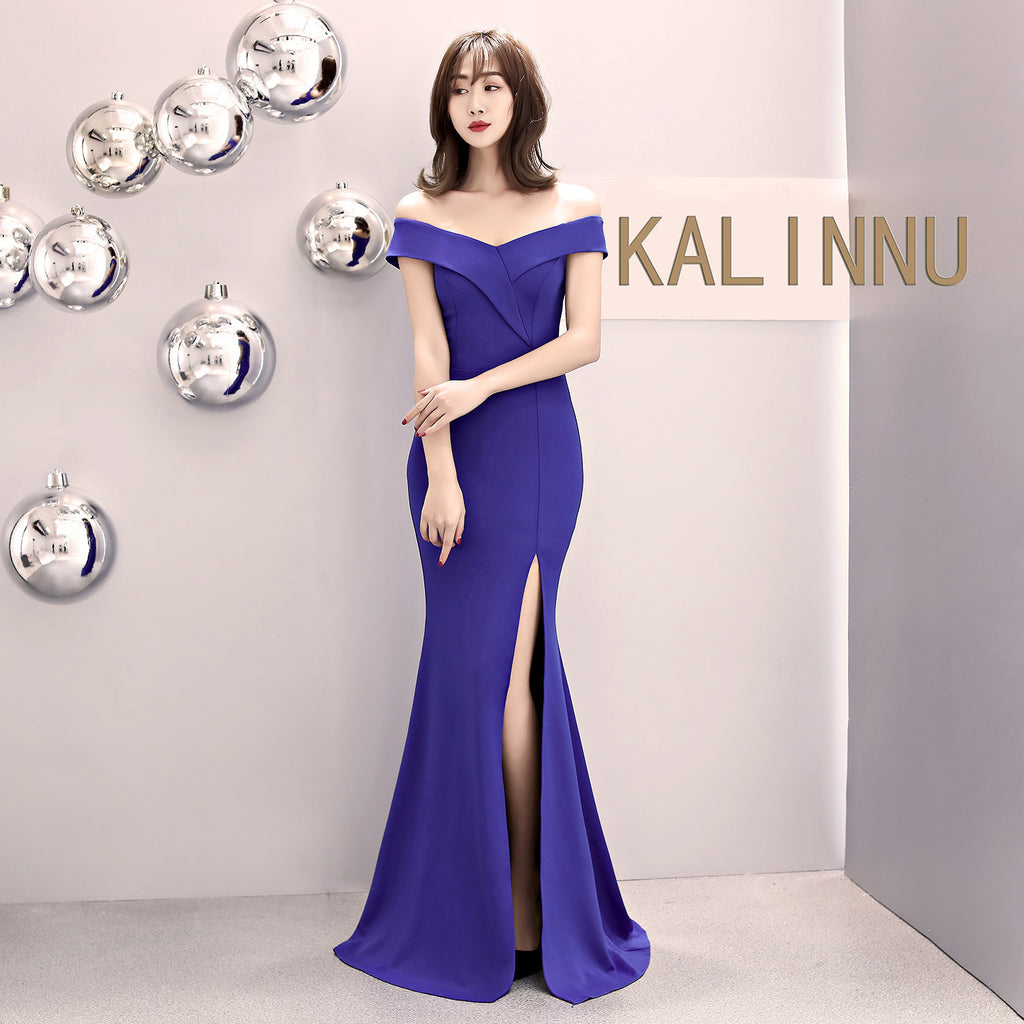 Banquet evening dress new elegant long one-word shoulder fishtail host dress long dress