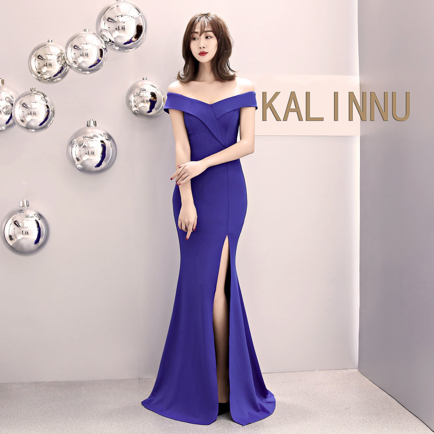 Banquet evening dress new elegant long one-word shoulder fishtail host dress long dress