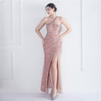 Fleece bottom beads fantasy color shoulder party wedding dinner fishtail long evening dress