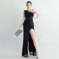 Heavy industry ostrich hair craft bundle hair slant shoulder side split high-end evening dress