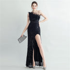 Heavy industry ostrich hair craft bundle hair slant shoulder side split high-end evening dress