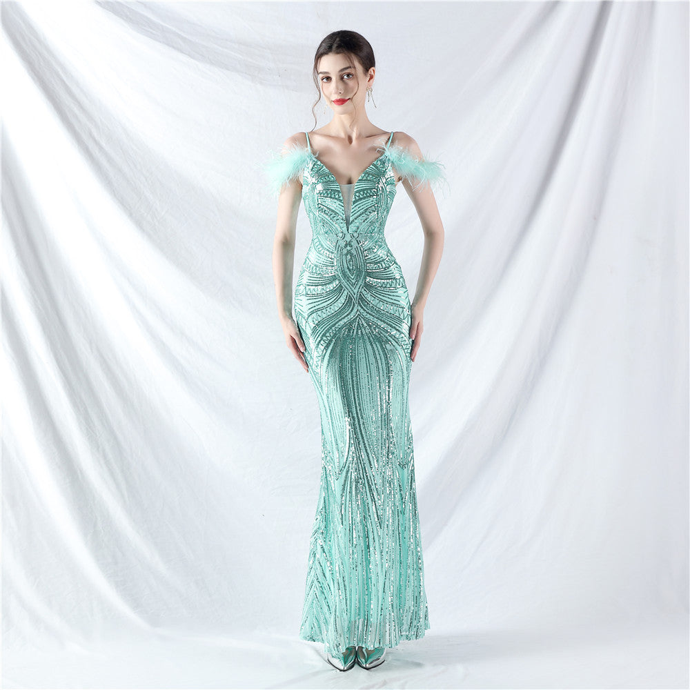 new dress craft order ostrich hair positioning flower bead piece evening dress