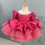 Elegantes rosarotes Kleid mit Schleifenärmeln für kleine Mädchen, Kommunionskleid für Kleinkinder, Prinzessinnenkleid 