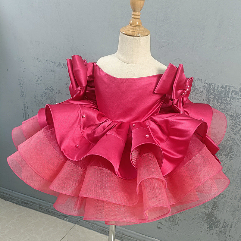 Elegantes rosarotes Kleid mit Schleifenärmeln für kleine Mädchen, Kommunionskleid für Kleinkinder, Prinzessinnenkleid 