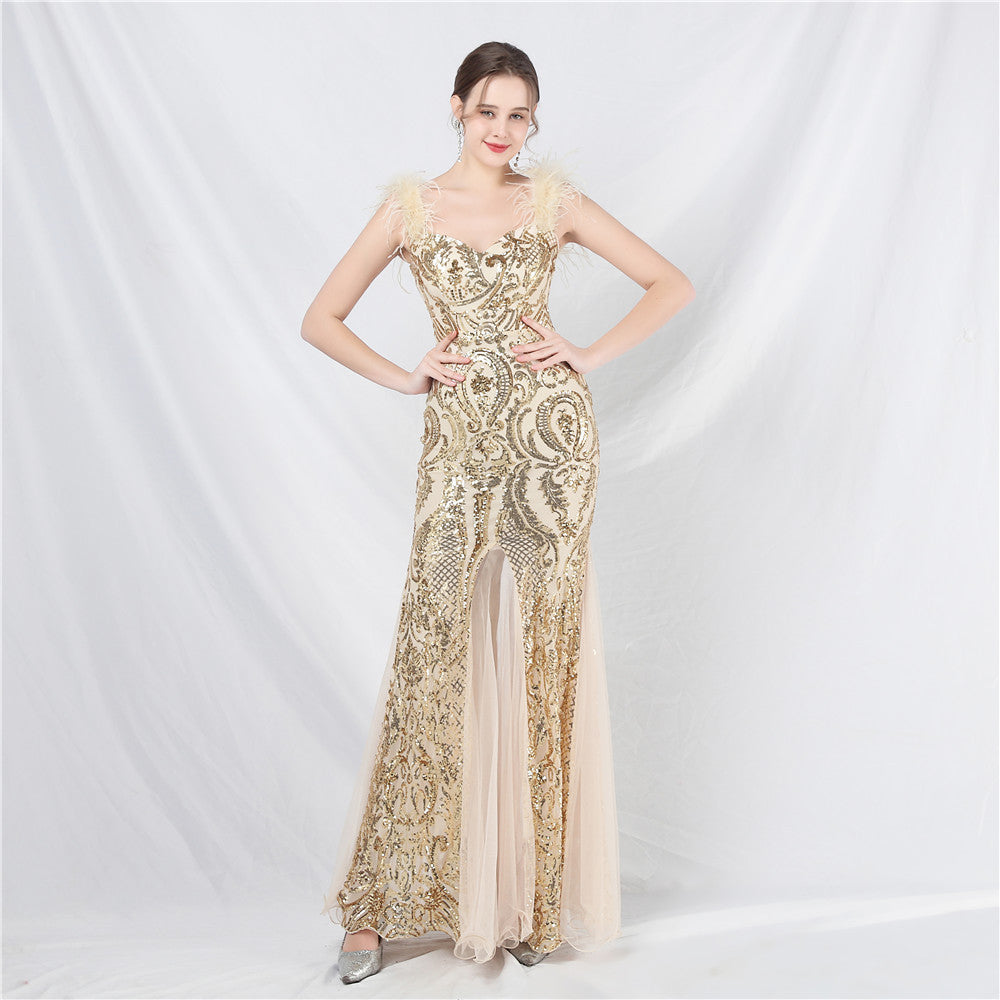 New craft ostrich hair mesh yarn beads high-end long dress skirt