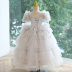Vestido de primera comunión para niña, vestido de princesa de verano gris esponjoso con forma de pastel para fiesta 