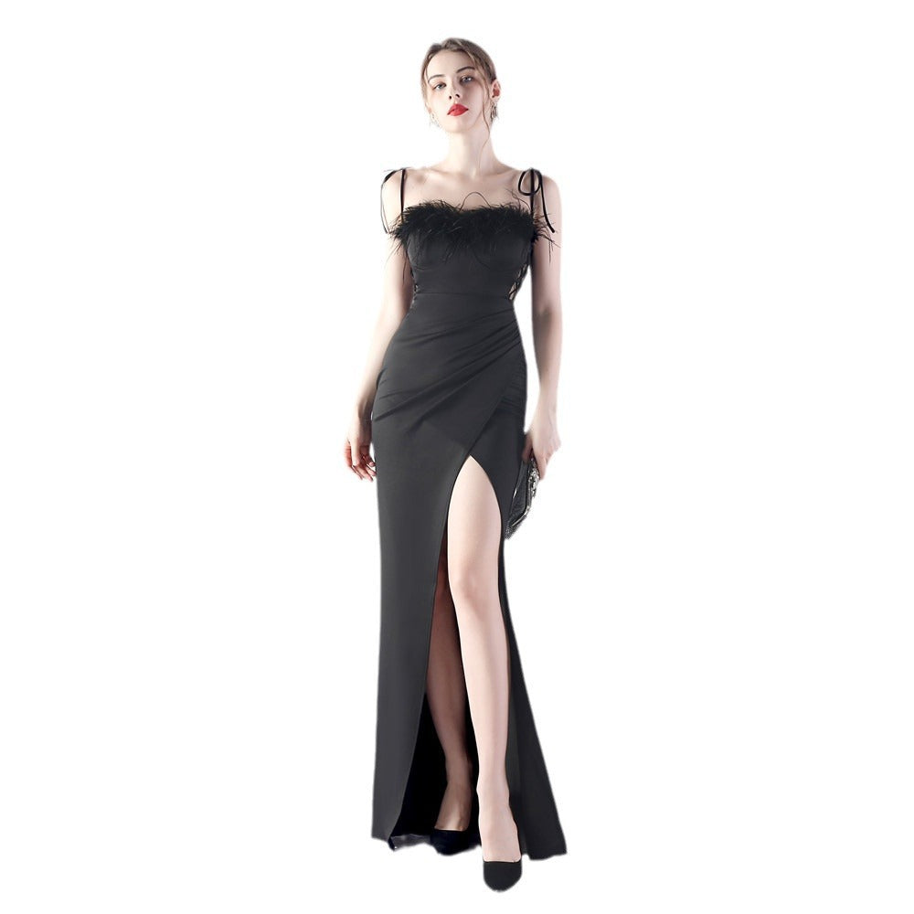 New double-tied waist-shaped ear-adjusted satin evening dress