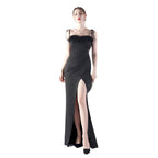 New double-tied waist-shaped ear-adjusted satin evening dress