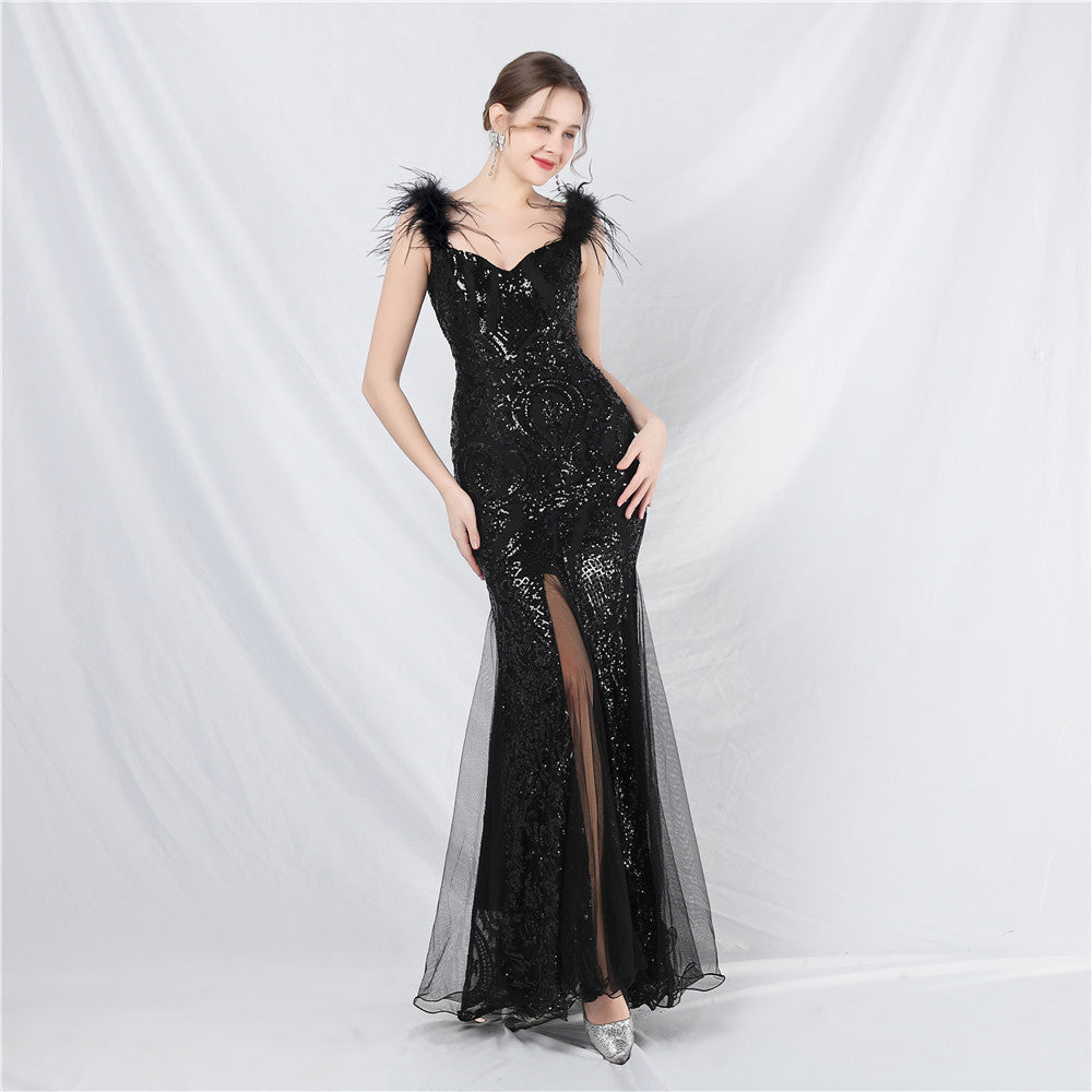New craft ostrich hair mesh yarn beads high-end long dress skirt