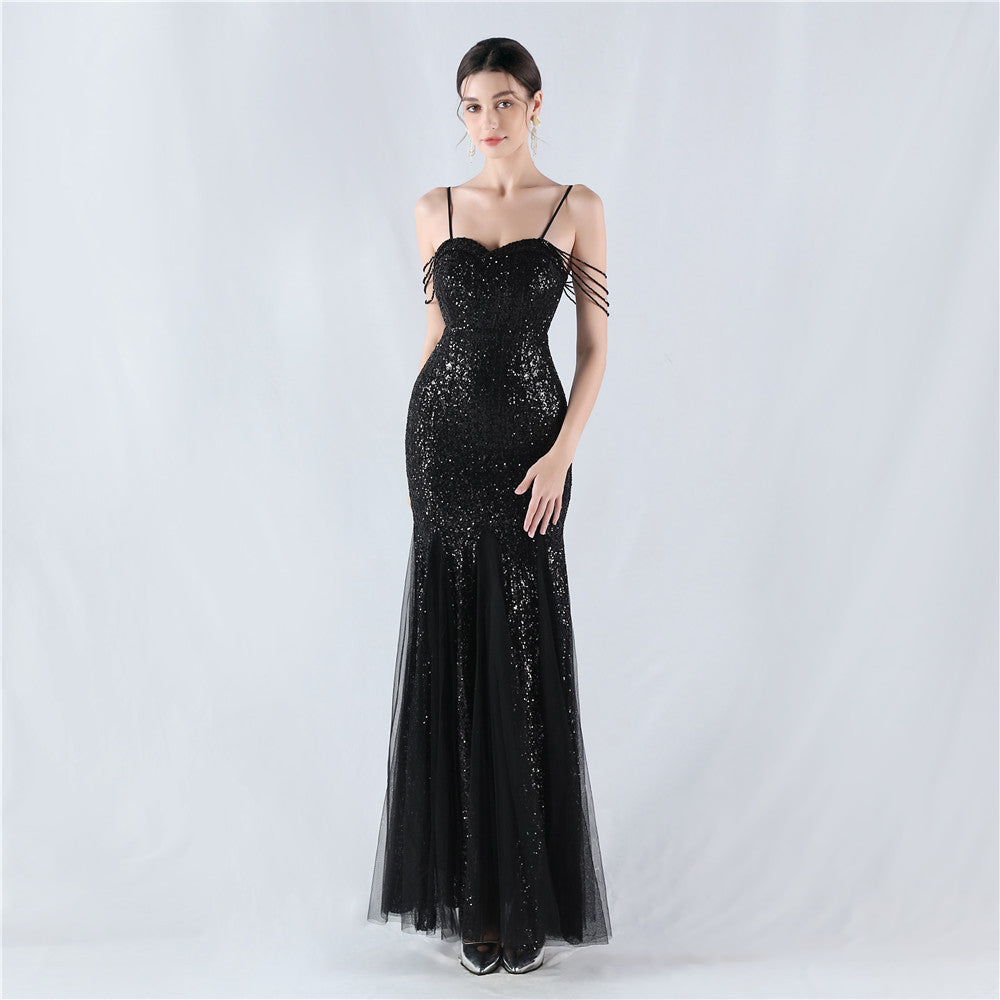 New dress craft beaded mesh sequined evening dress, performance, hosting, annual meeting
